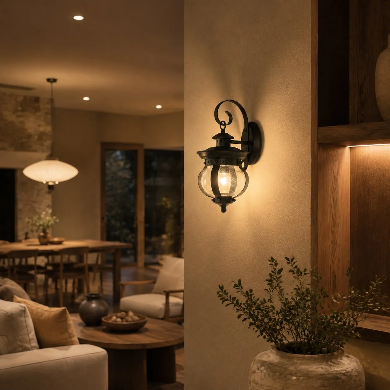 Black outdoor wall lantern on a patio wall