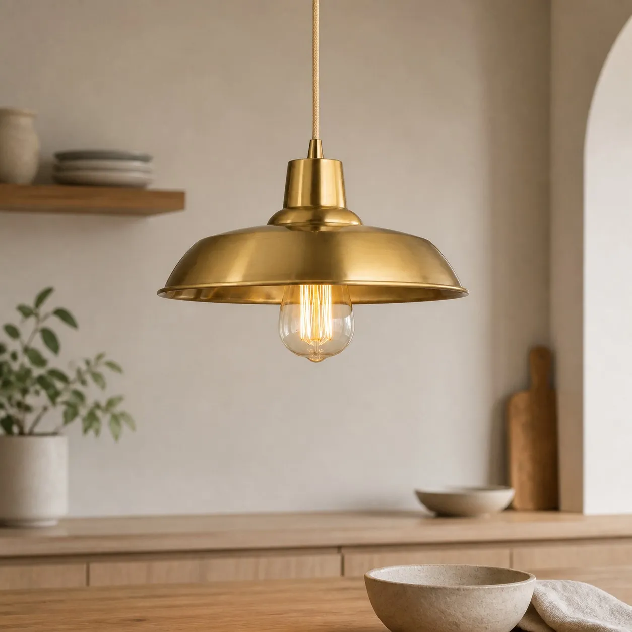 Brass pendant light near kitchen shelving