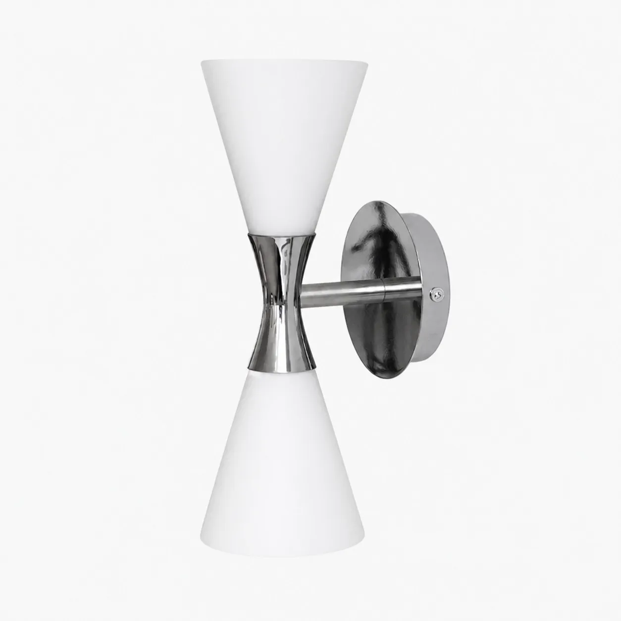 White glass wall sconce with chrome hourglass frame