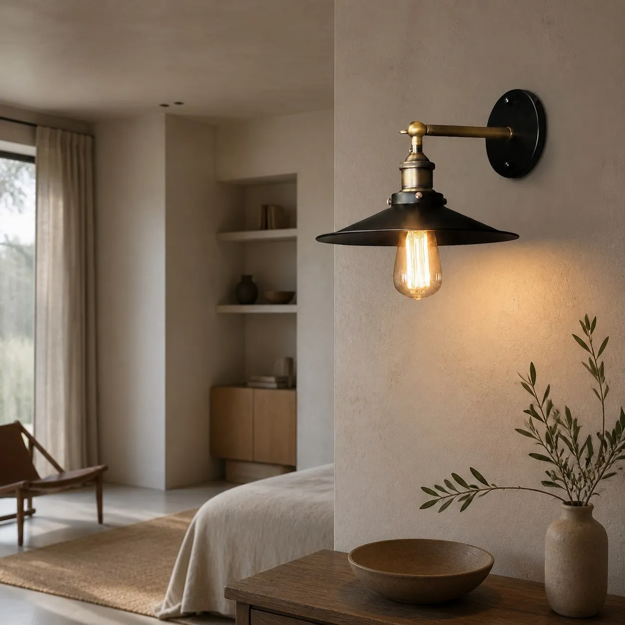 Outdoor wall lamp installed beside an entry door at night