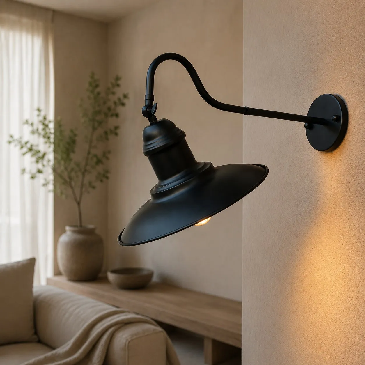 Black outdoor wall sconce installed on a sheltered exterior wall