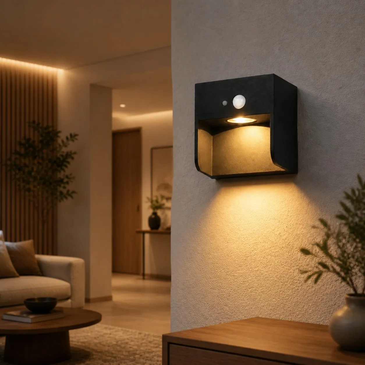 Style D black outdoor wall lamp with warm downlight on exterior wall