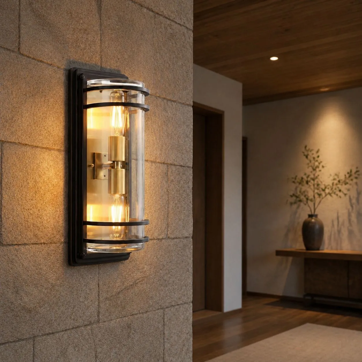 Medium bronze glass outdoor wall sconce glowing on a stone exterior wall