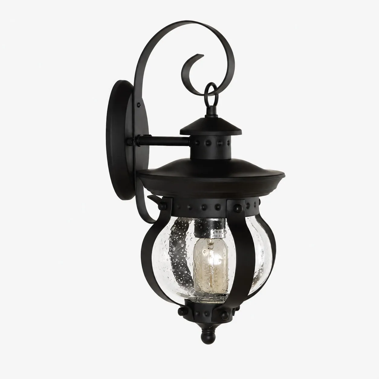 Black outdoor wall lantern with seeded glass shade
