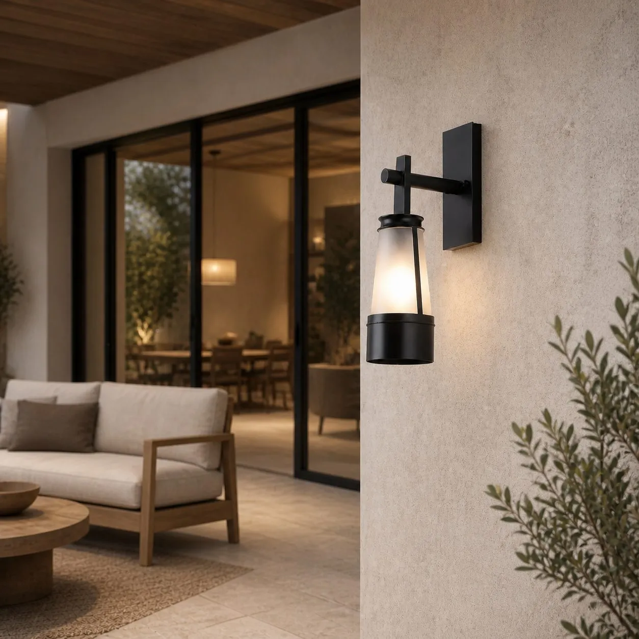 Vintage black outdoor wall lantern in a covered exterior setting 2