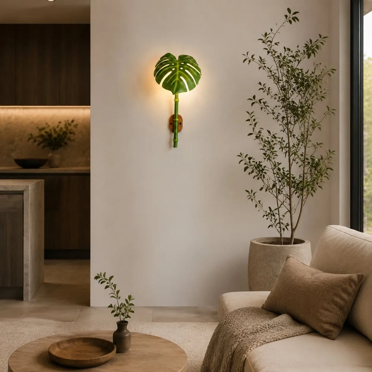 Decorative leaf wall sconce in a garden setting