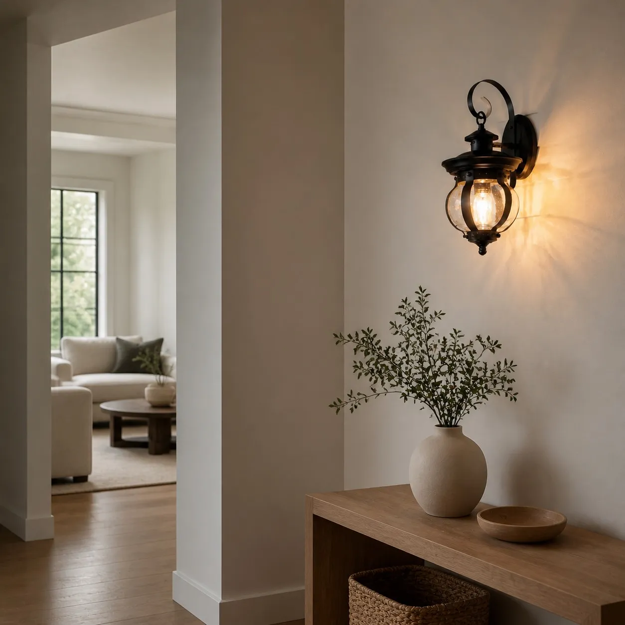 Outdoor wall lantern on a covered porch