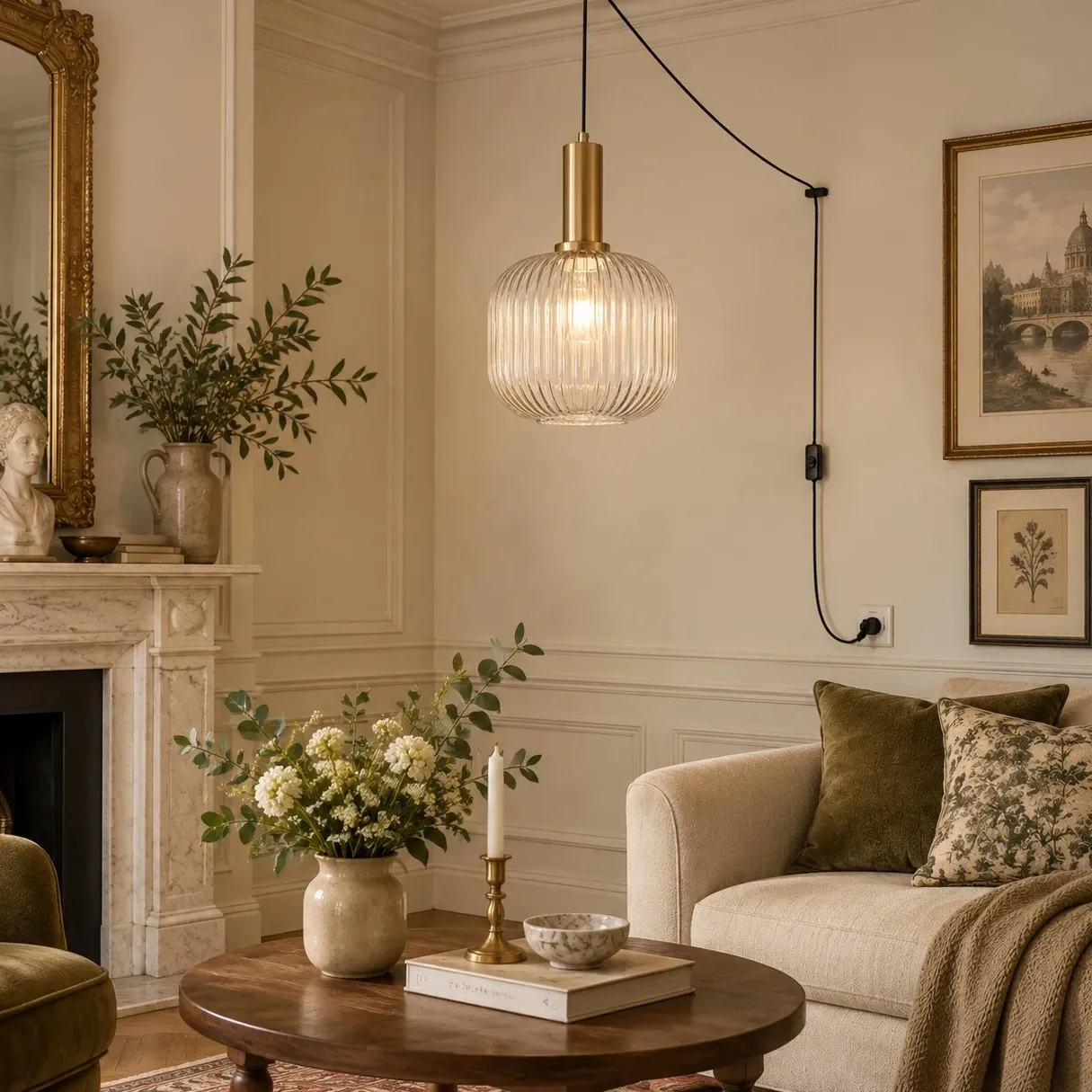 Retro ribbed glass plug-in pendant light in a home interior