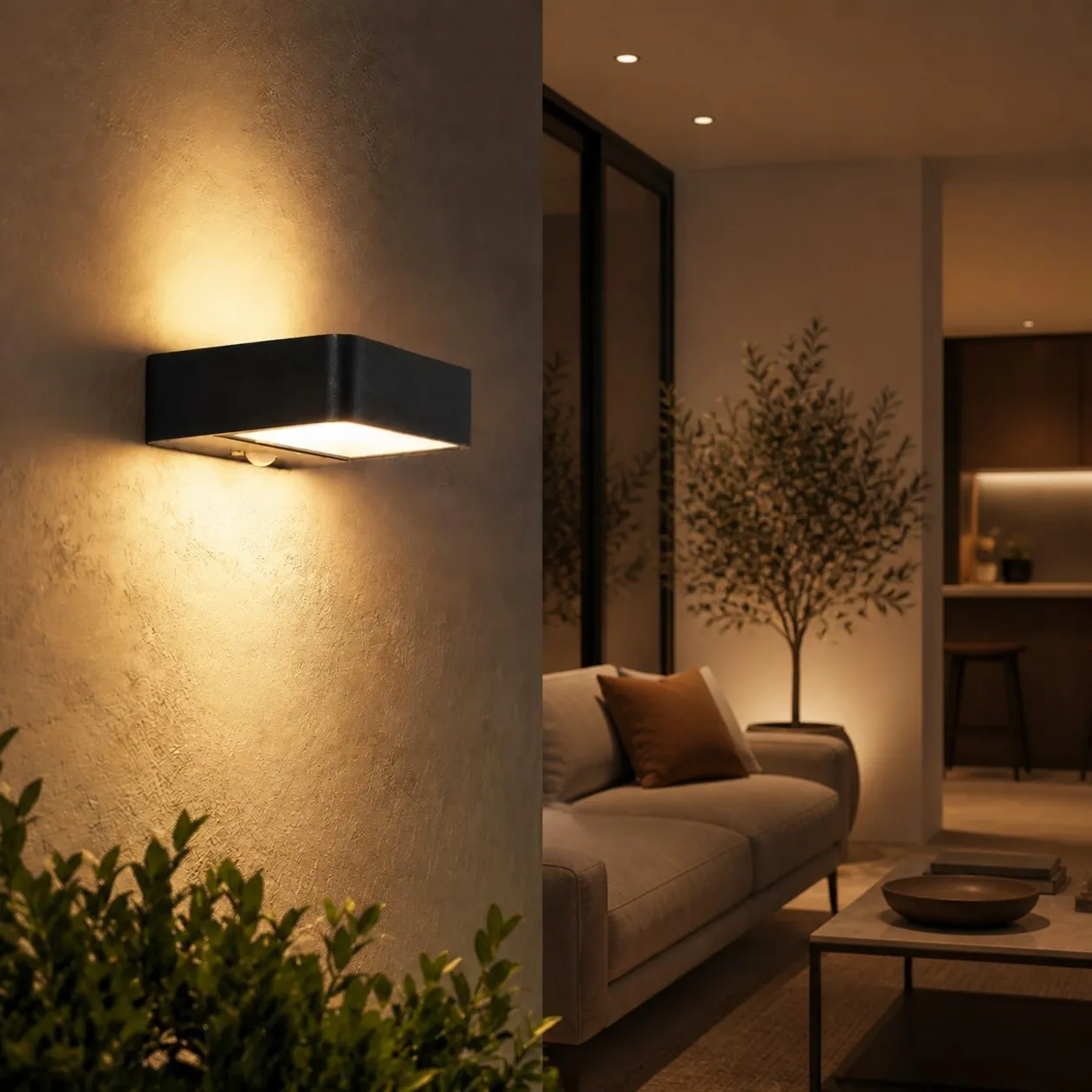 Style A outdoor wall lamp casting warm light on an exterior wall
