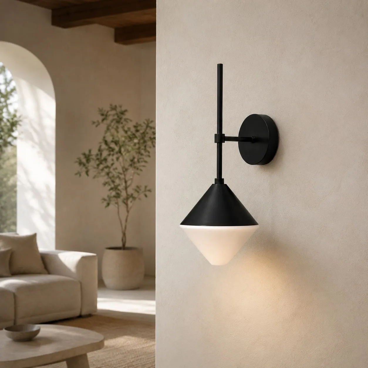 black and white outdoor wall sconce mounted on a garden exterior wall