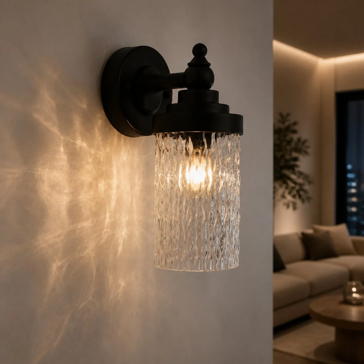 Averra ribbed glass wall light on a protected garden-side wall