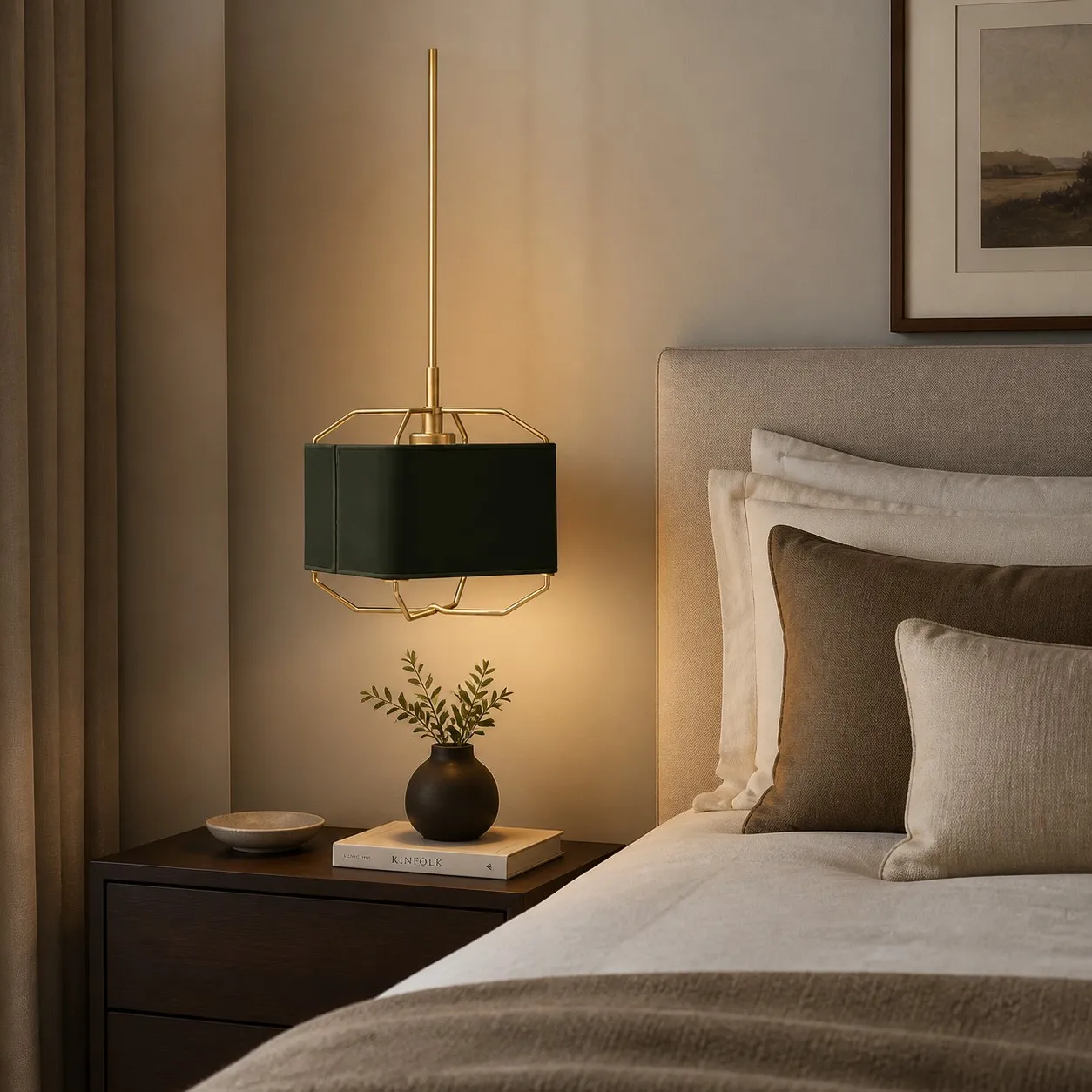 Dark green leather pendant lamp beside a bed