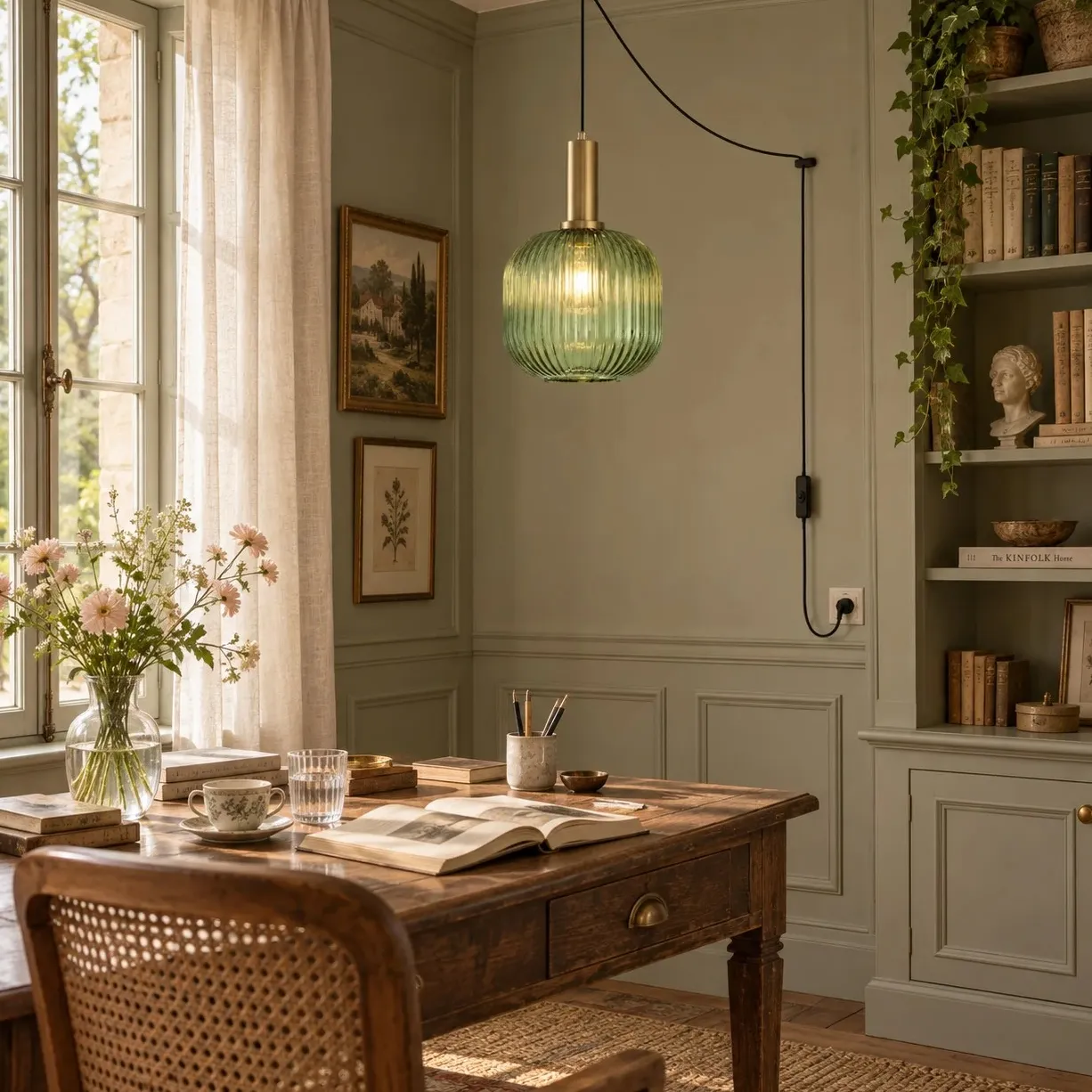 Retro ribbed glass plug-in pendant light in a home interior