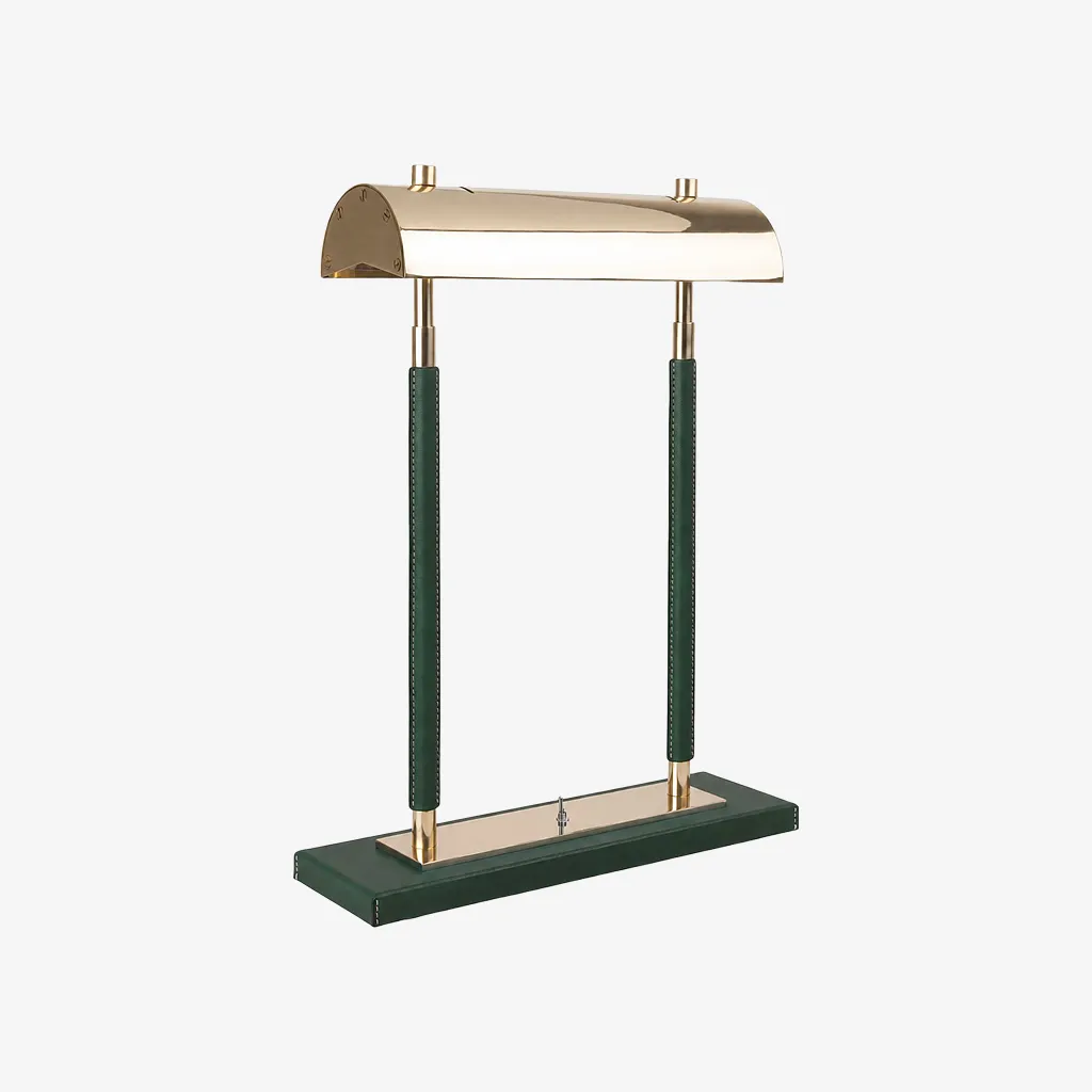Green leather-wrapped double-column table lamp