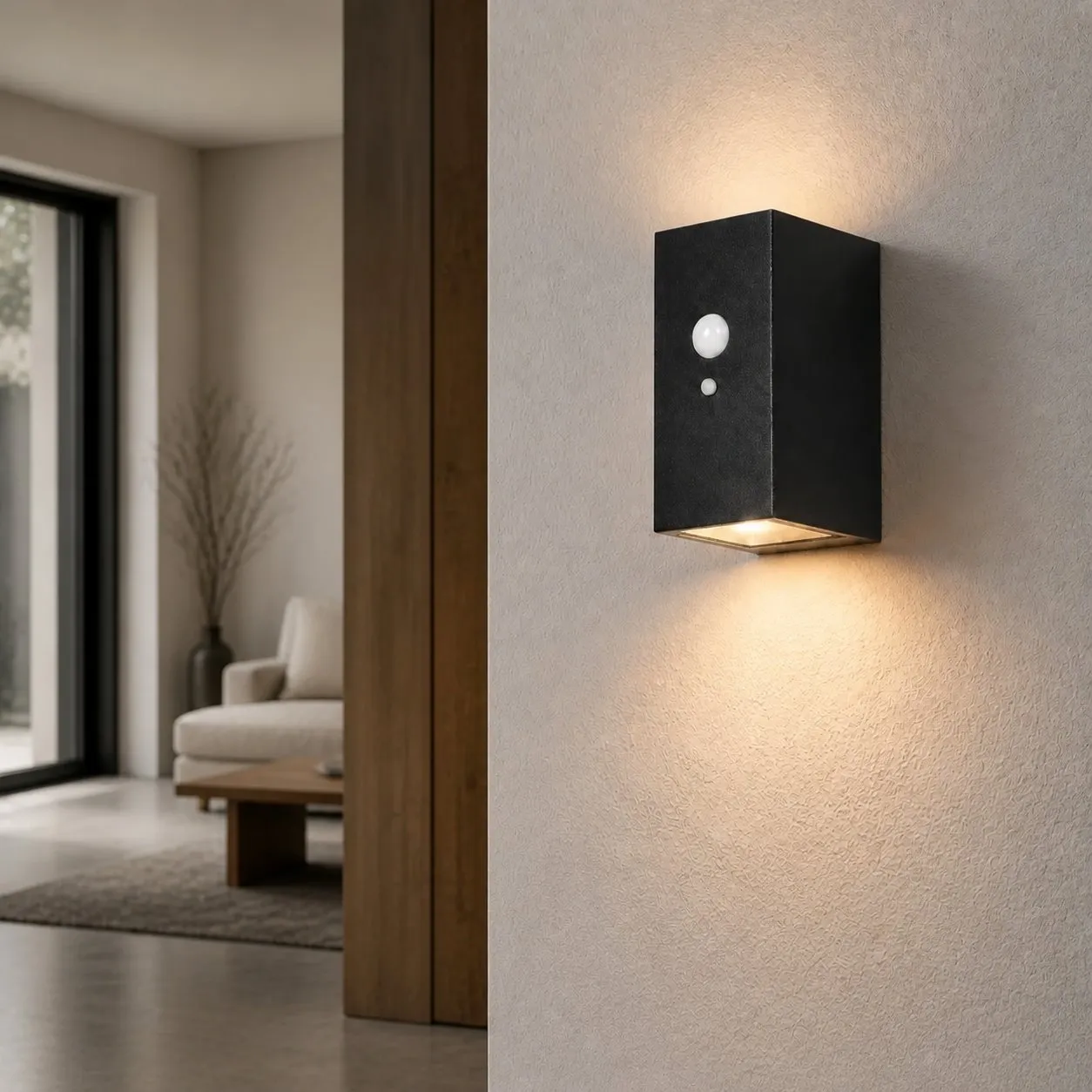 Style C outdoor wall lamp casting light on a garden entry wall