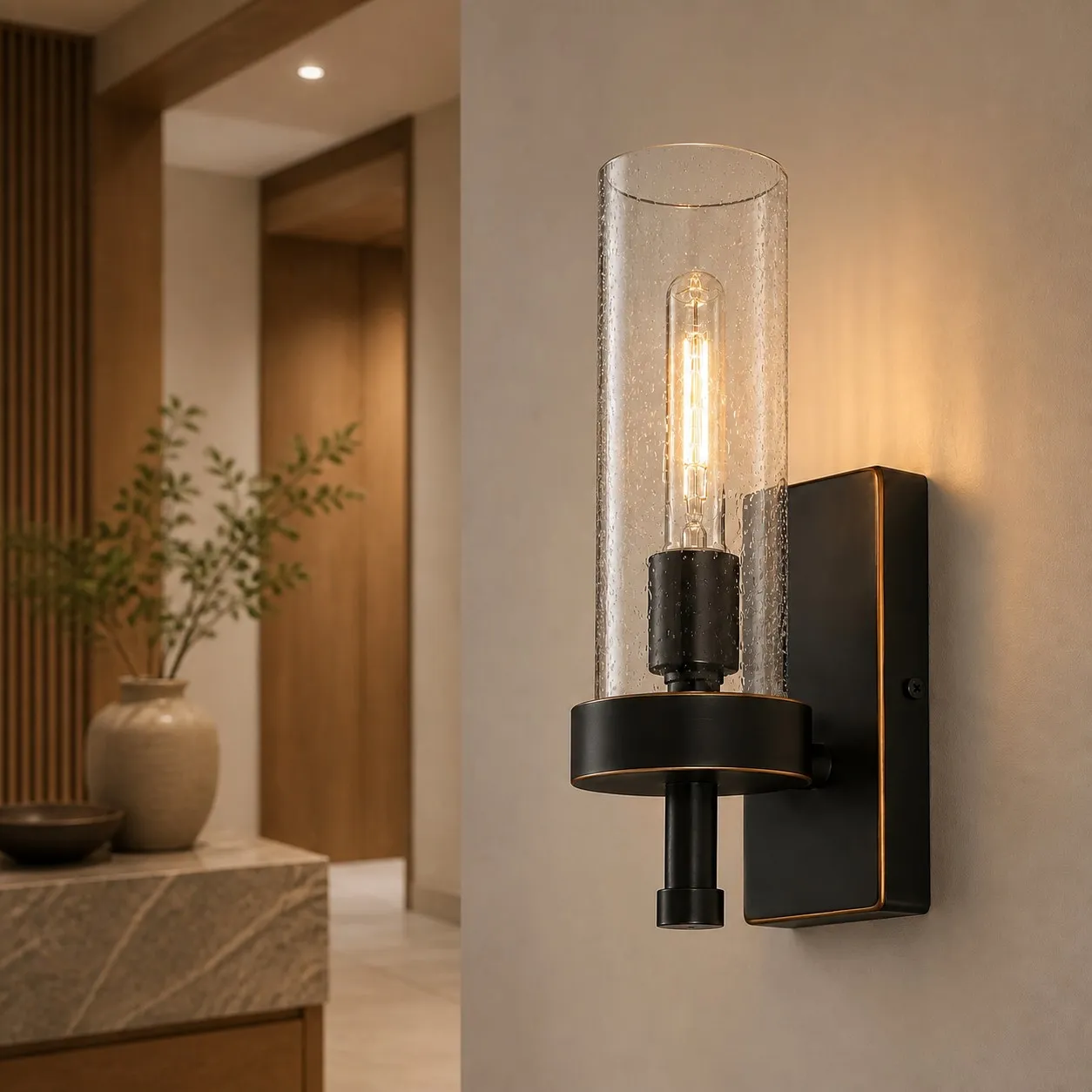 Lit wall sconce beside framed wall art