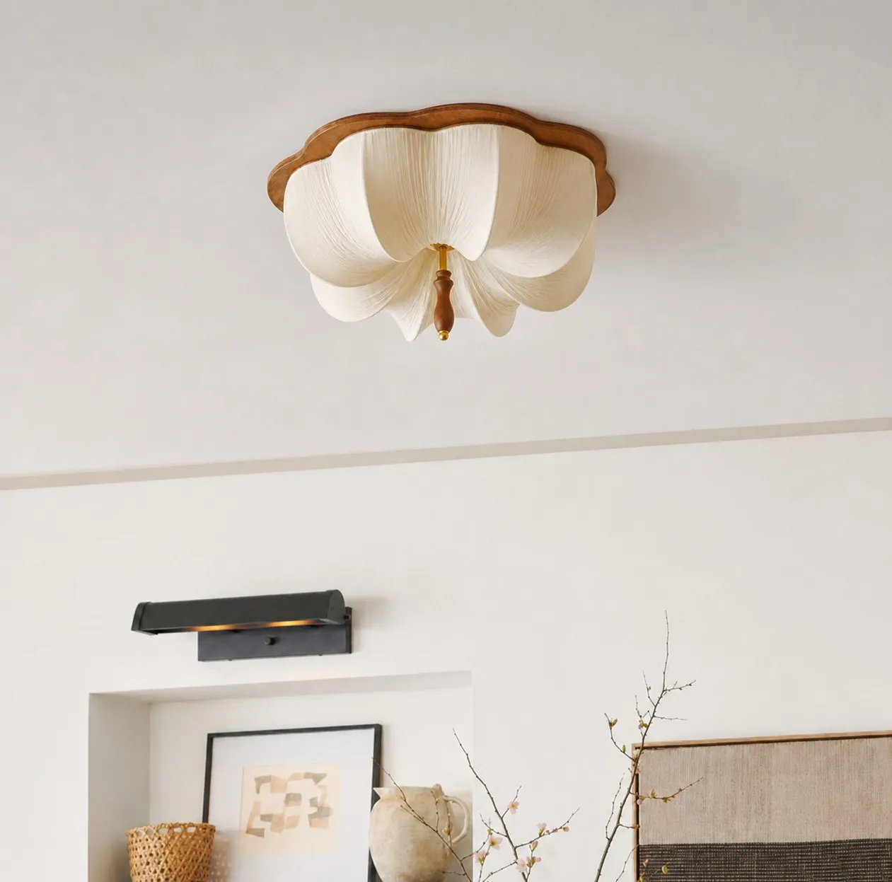 Scene image showing the low-profile wood-rim ceiling lamp in a warm interior.