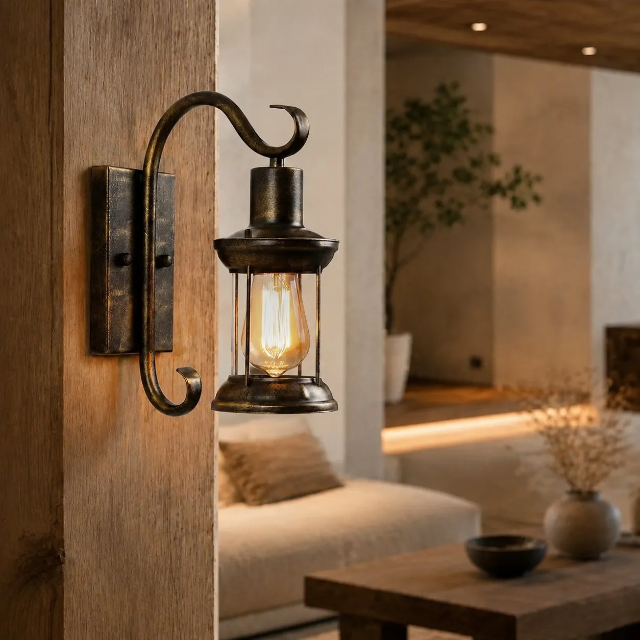 Antique bronze wall lantern used as warm indoor wall accent