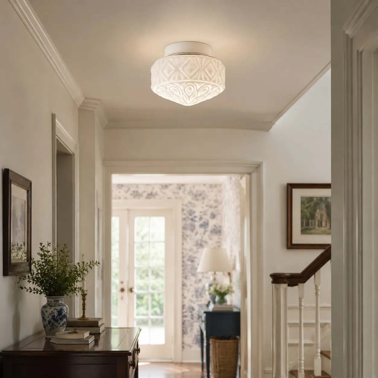 Embossed glass flush mount ceiling light in a bright hallway