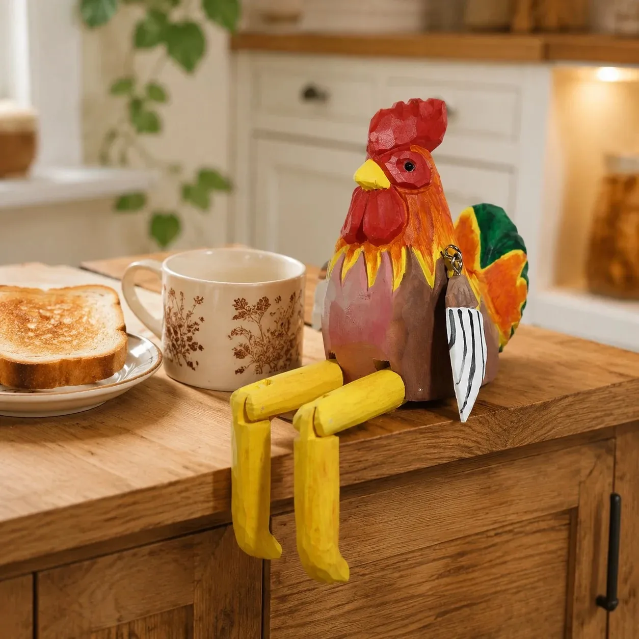 Hand-carved wooden rooster ornament styled on a tabletop edge