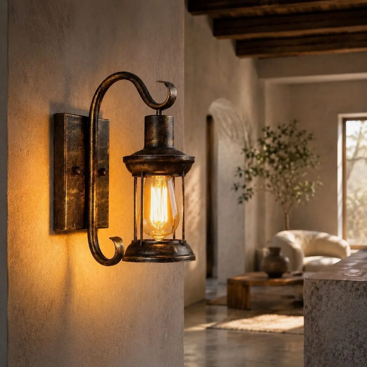 Antique bronze wall lantern glowing on an outdoor entry wall