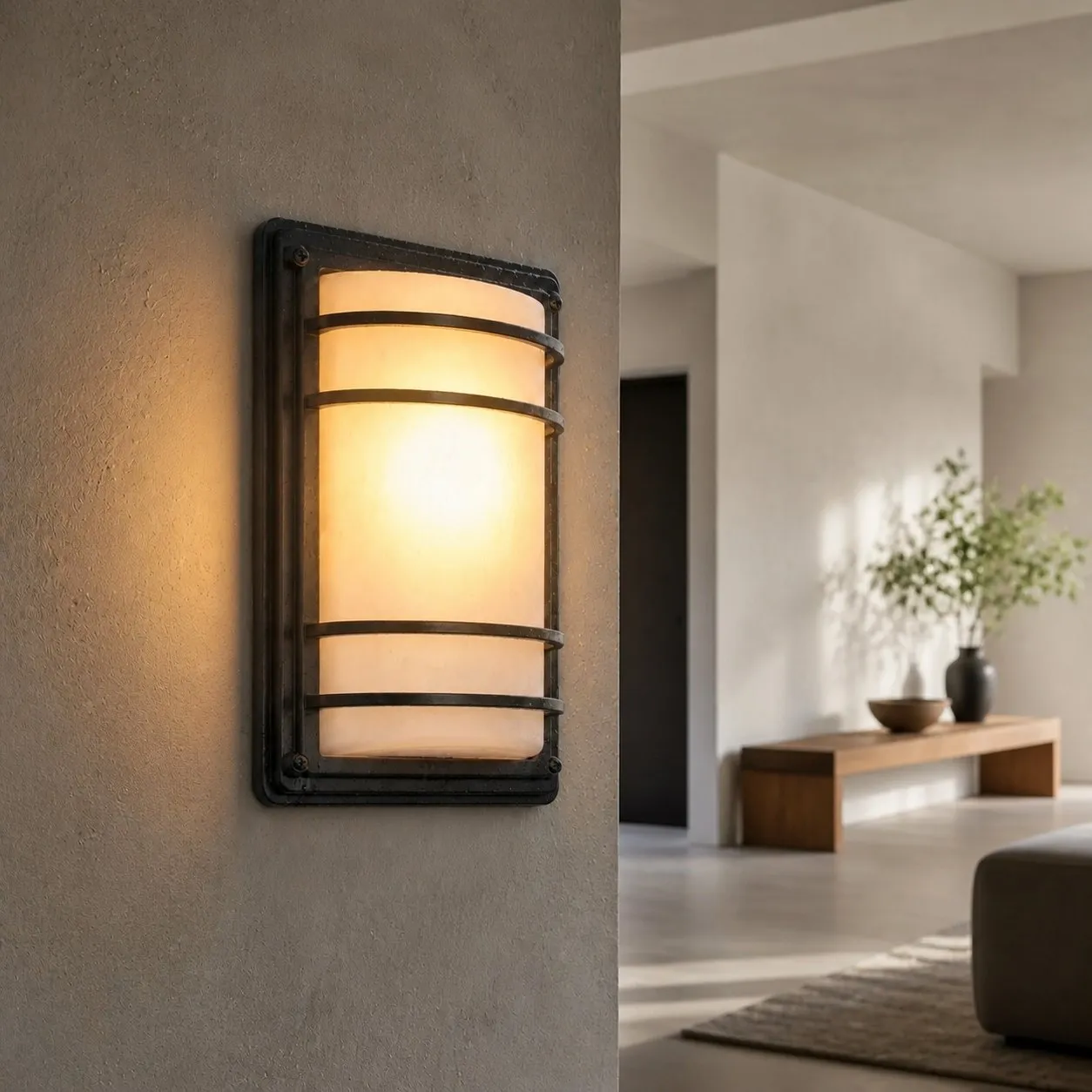 Outdoor wall light glowing on a wet exterior wall