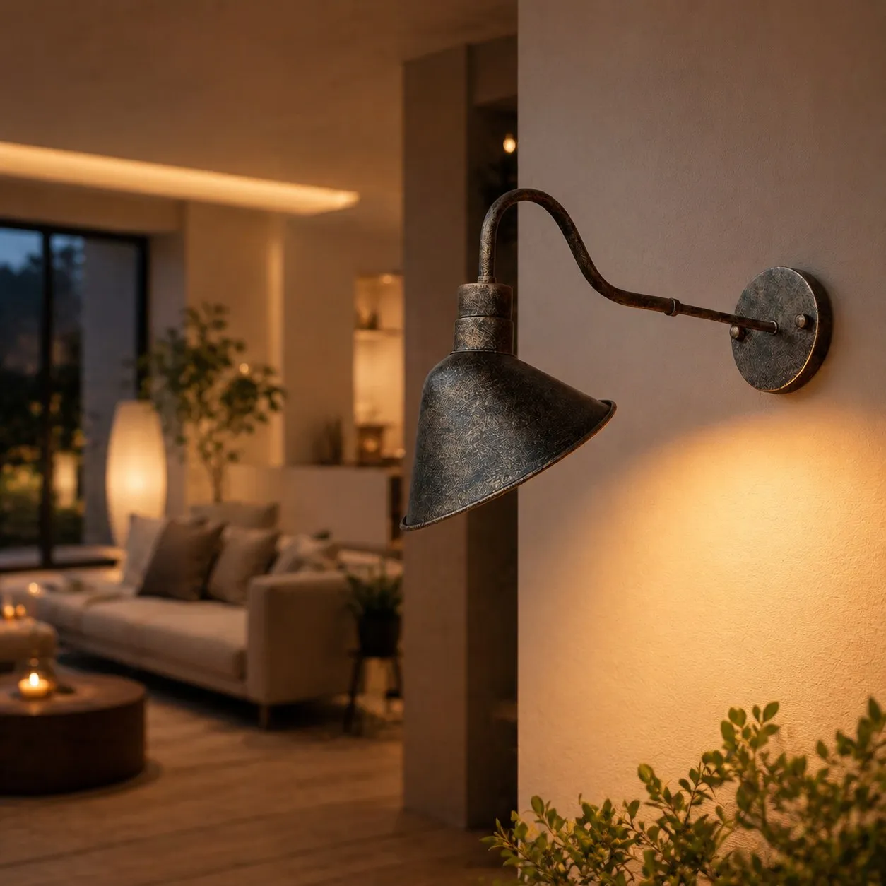 Antique brass outdoor wall sconce installed beside a patio seating area