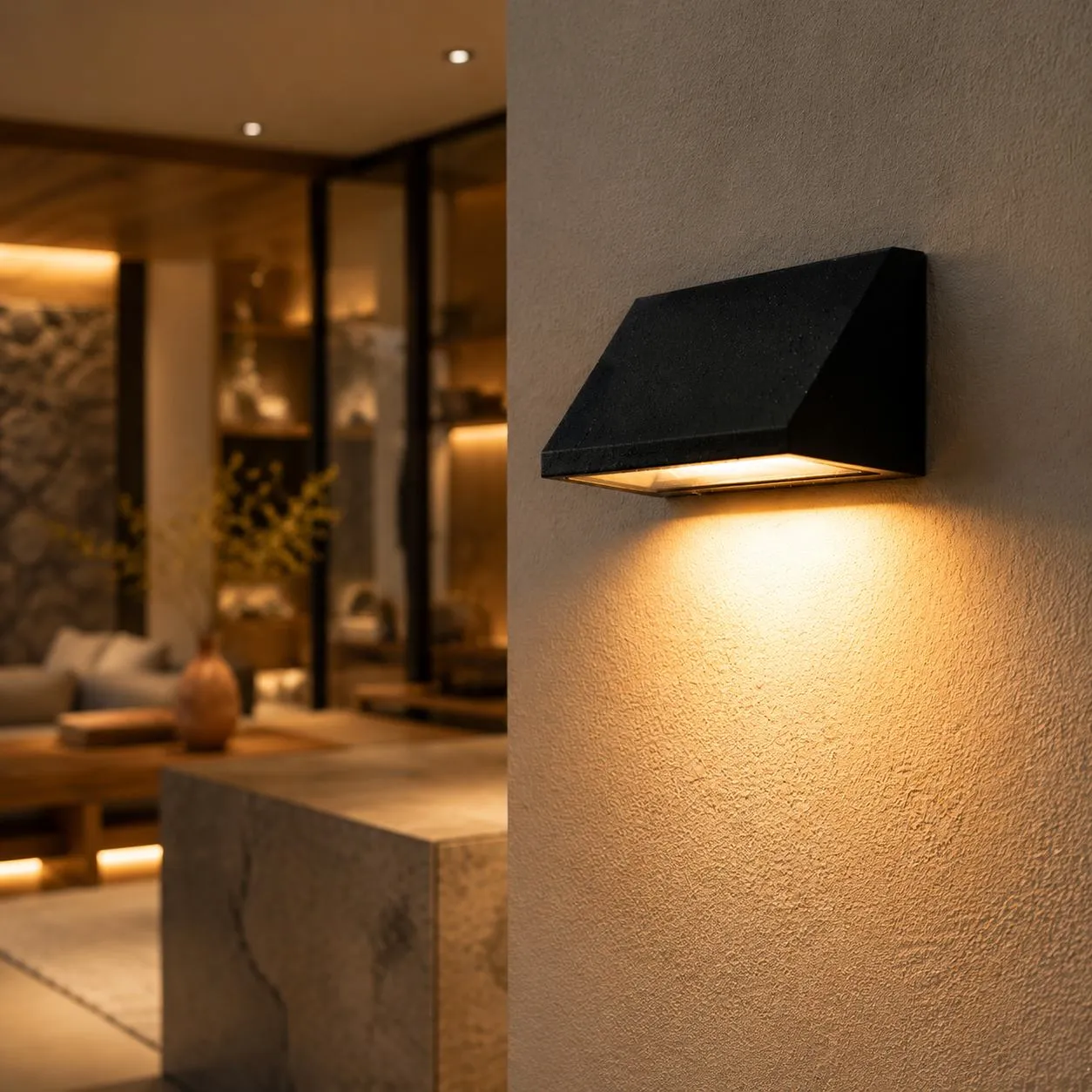 Black sloped outdoor wall light illuminated on a clean background