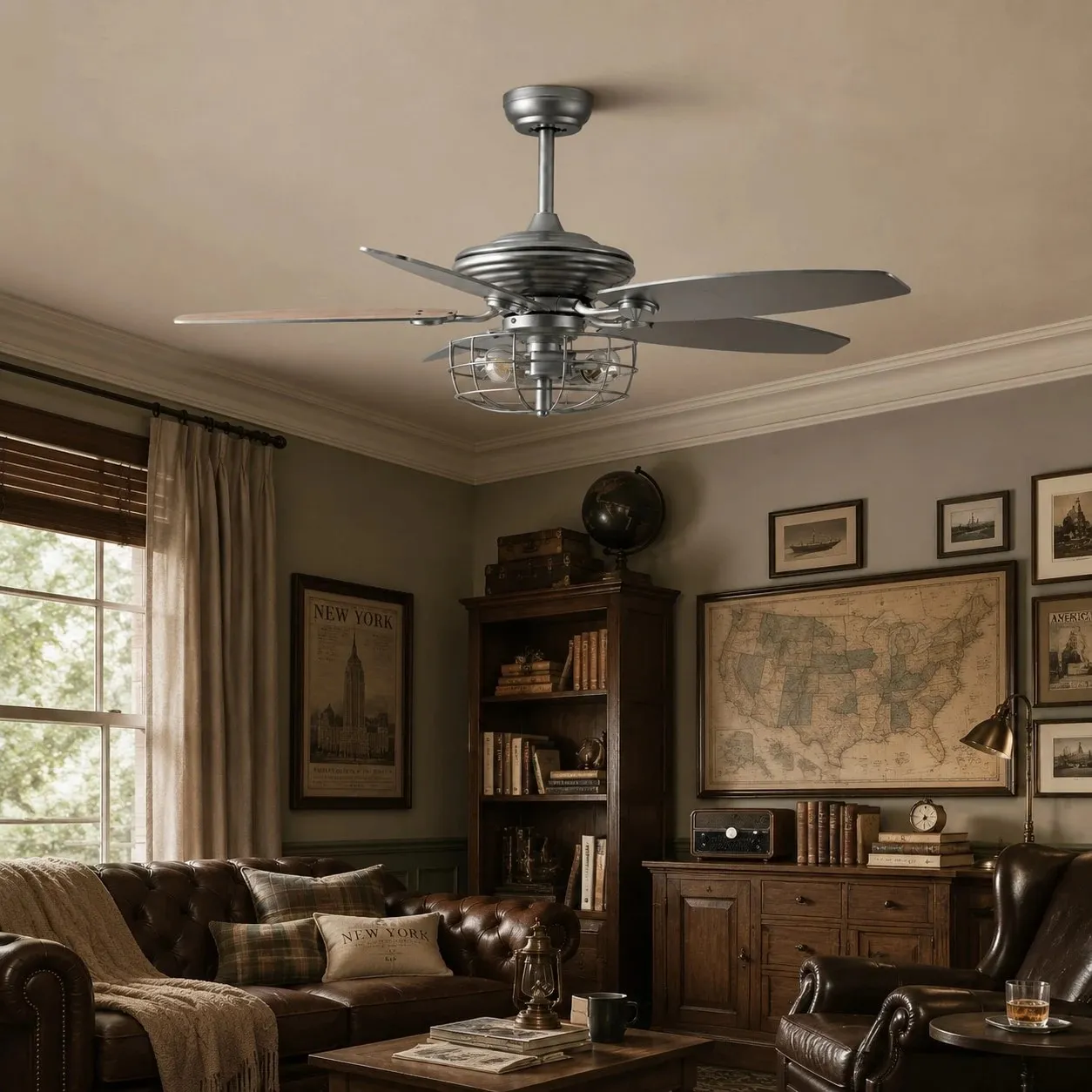 Silver ceiling fan light in a warm study room