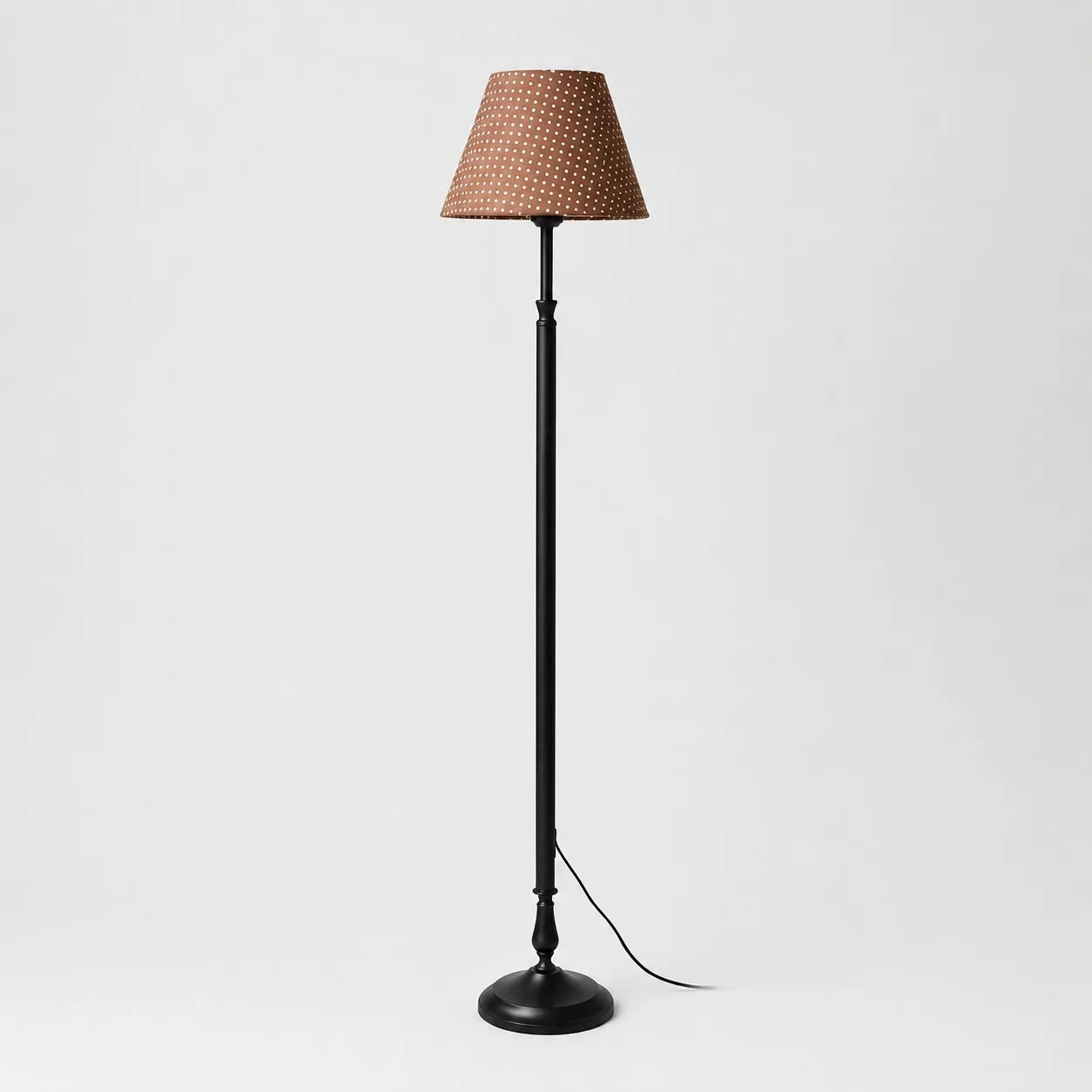 Vintage black iron floor lamp with coffee polka dot shade