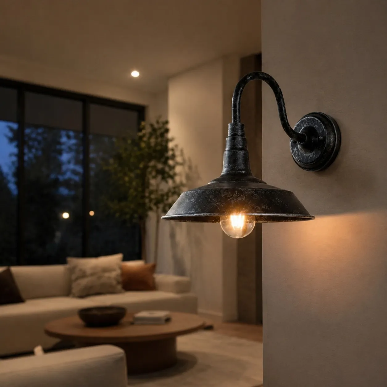 Porch wall light beside chair and flowers