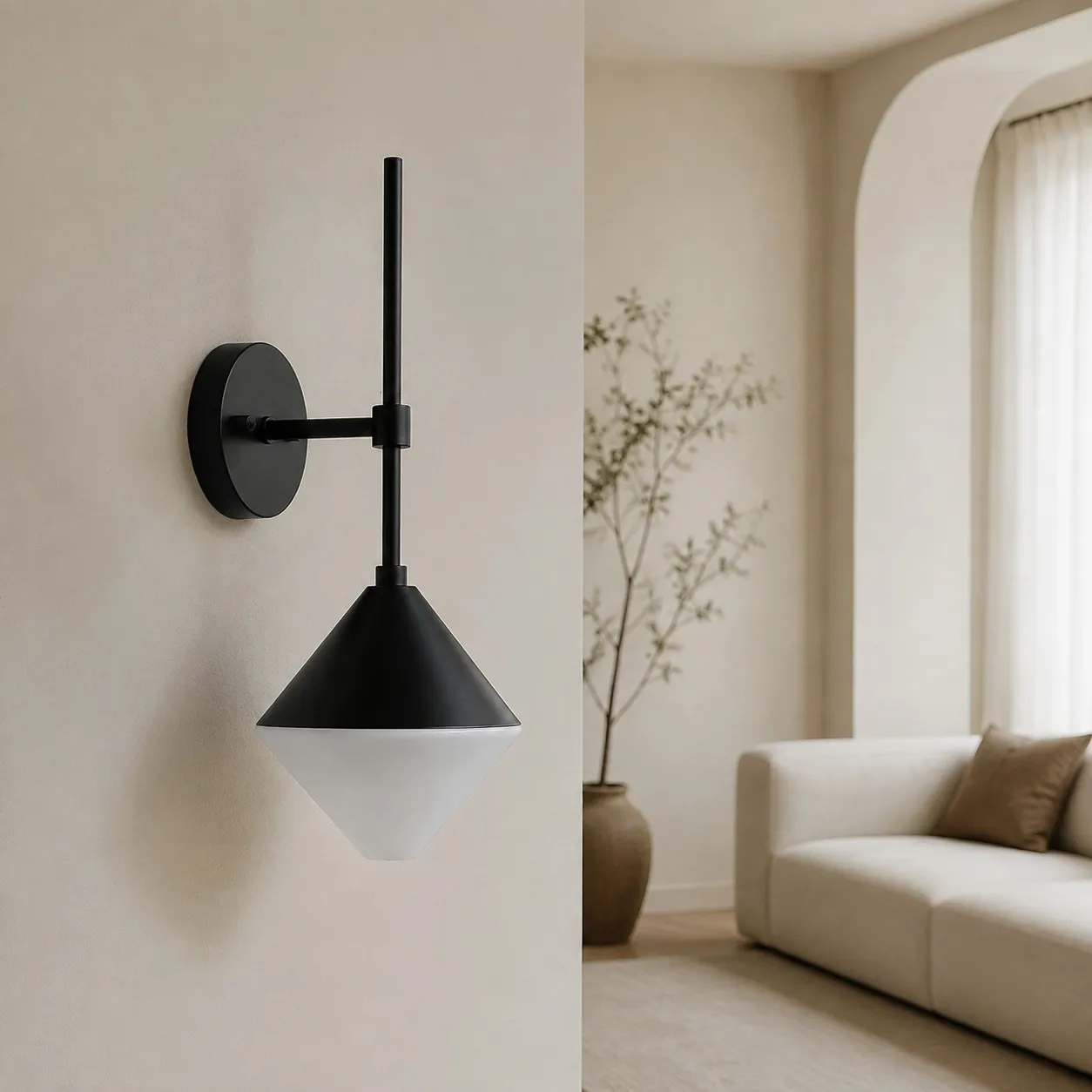 black and white outdoor wall sconce on a covered balcony wall