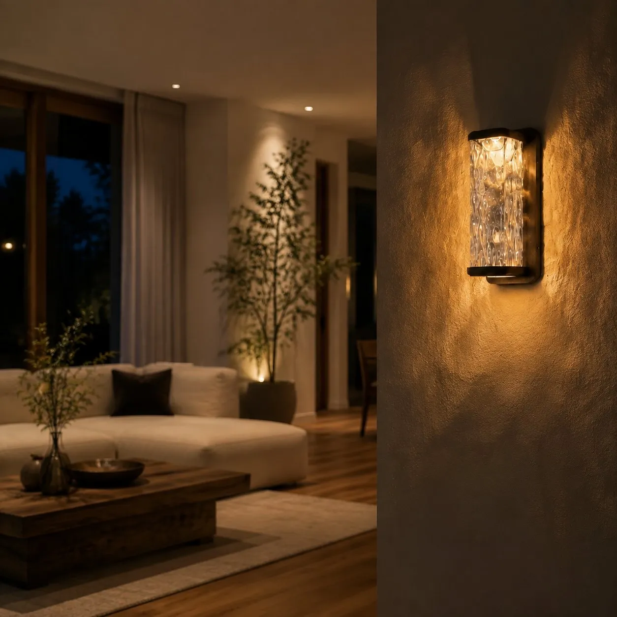 Matte black wall light installed on a sheltered patio wall