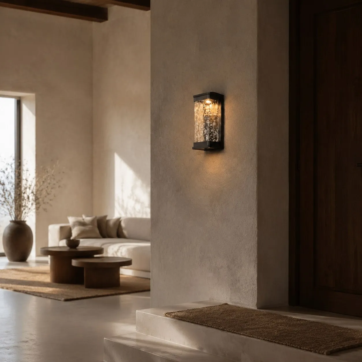 Matte black outdoor wall light beside a modern entry door