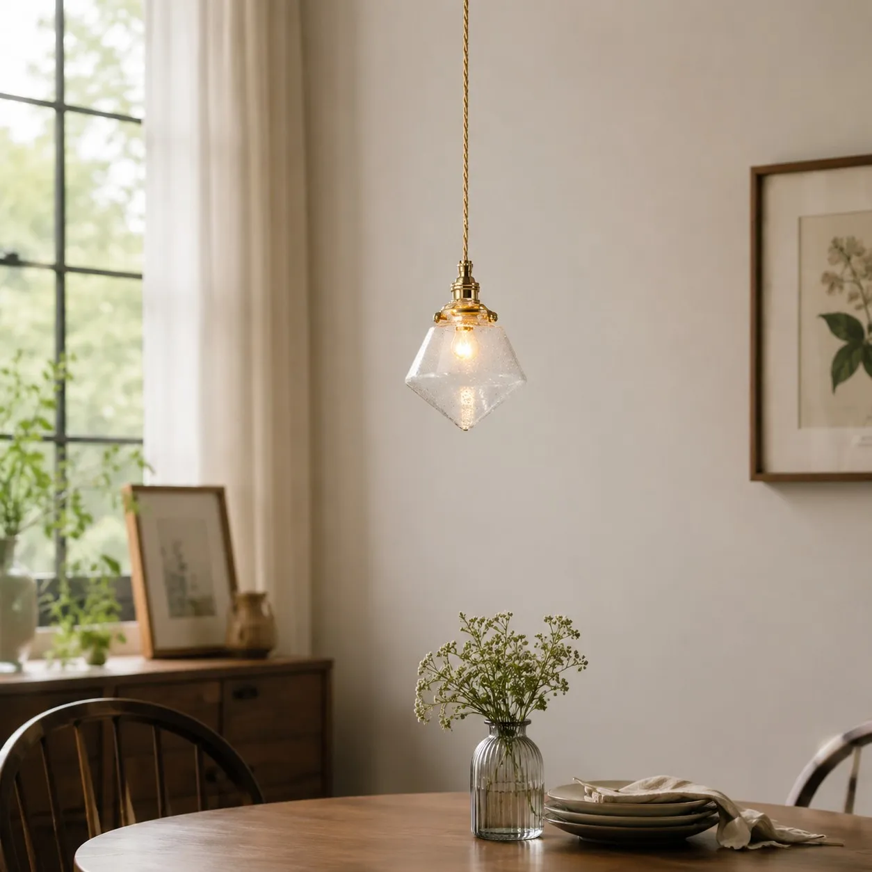 Bubble glass pendant above a small dining table