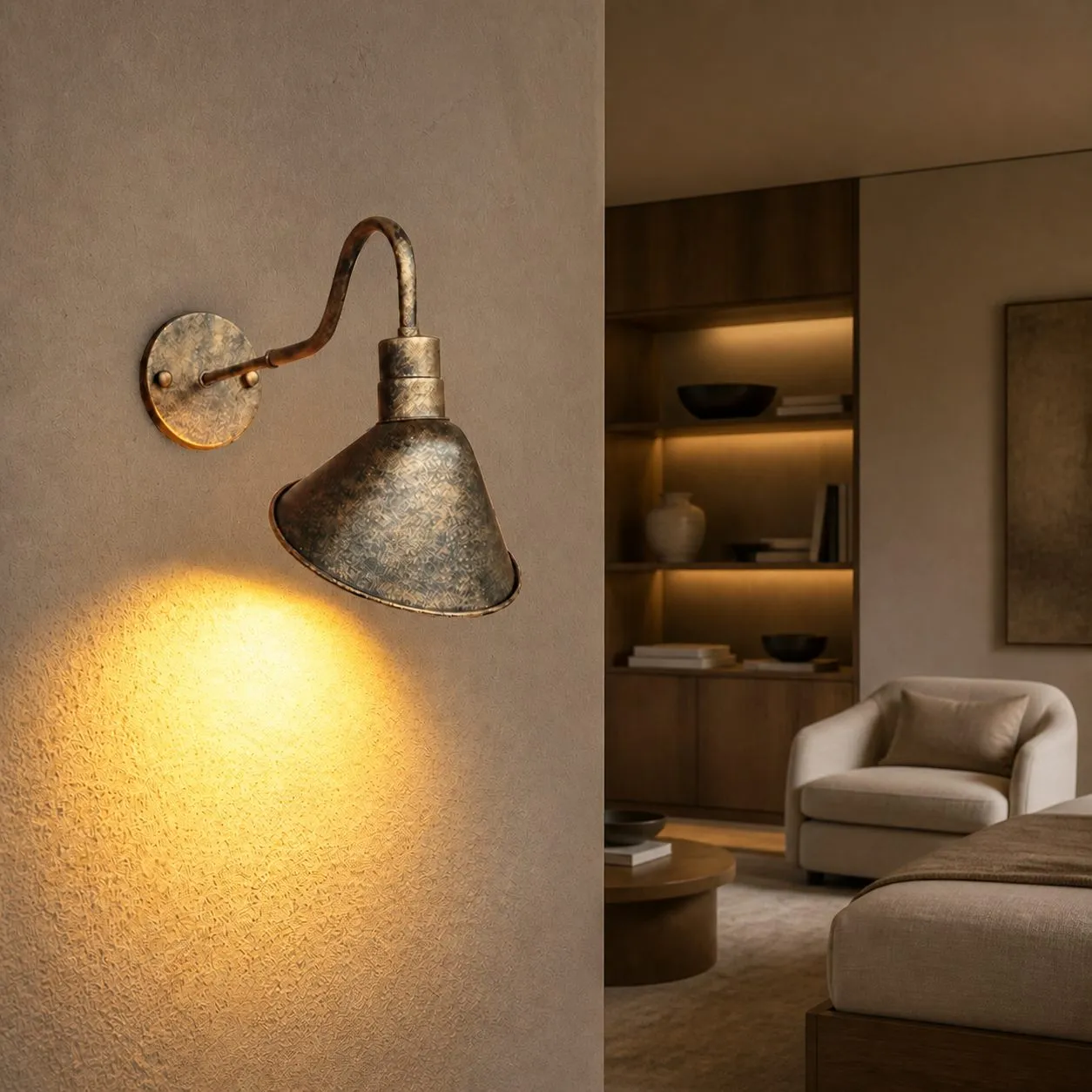 Antique brass cone shade wall sconce on a covered exterior wall