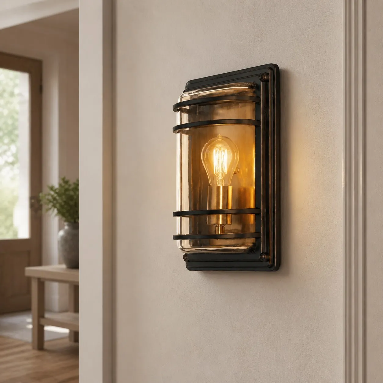 Small bronze glass outdoor wall sconce installed beside a window