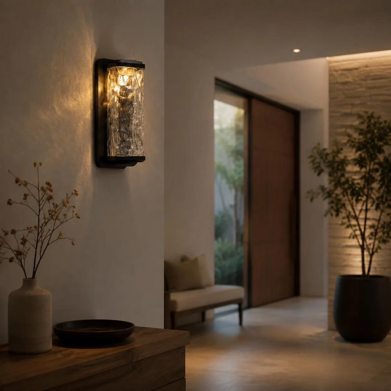 Outdoor wall light on a porch wall with matte black frame