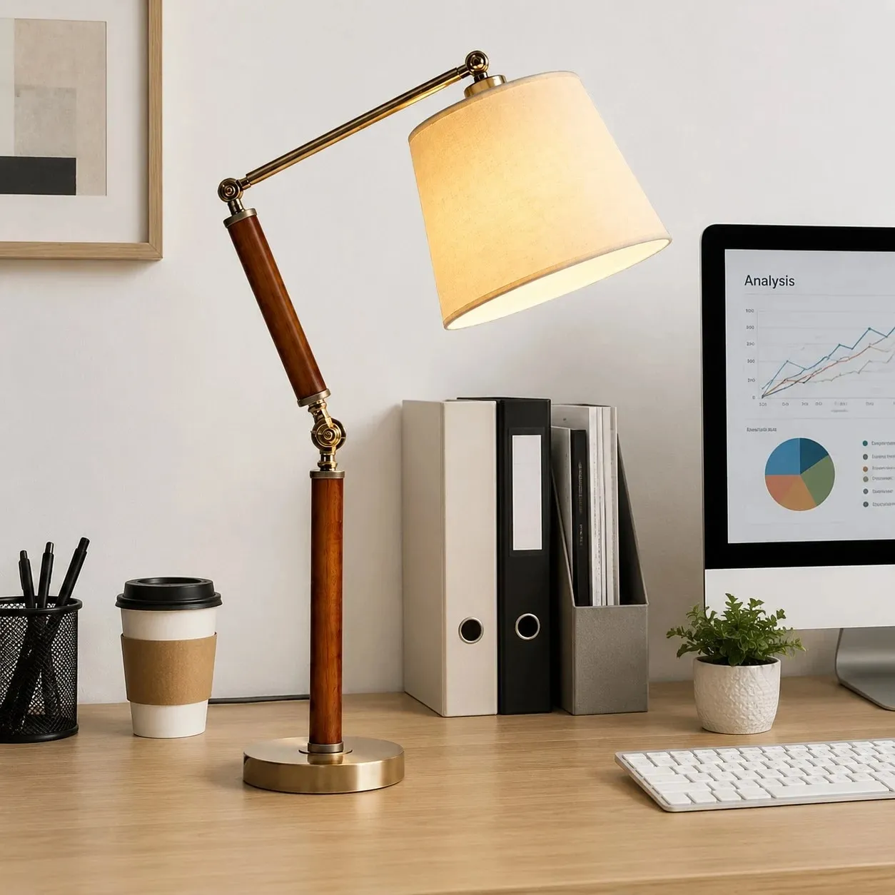 Solid wood table lamp illuminating a neat home office desk