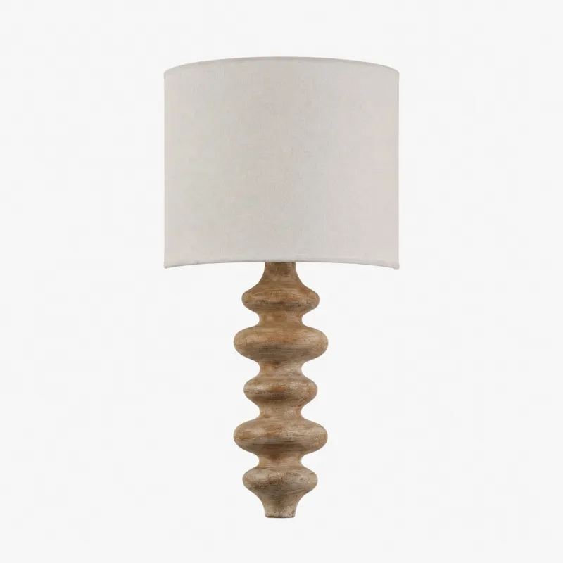 Natural wood sculptural wall lamp with fabric shade