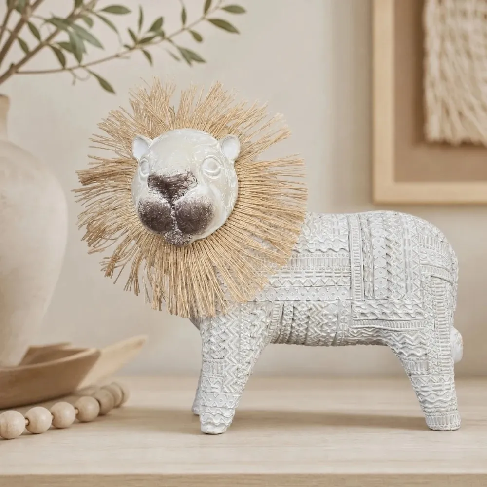 Resin lion ornament displayed with warm neutral home decor