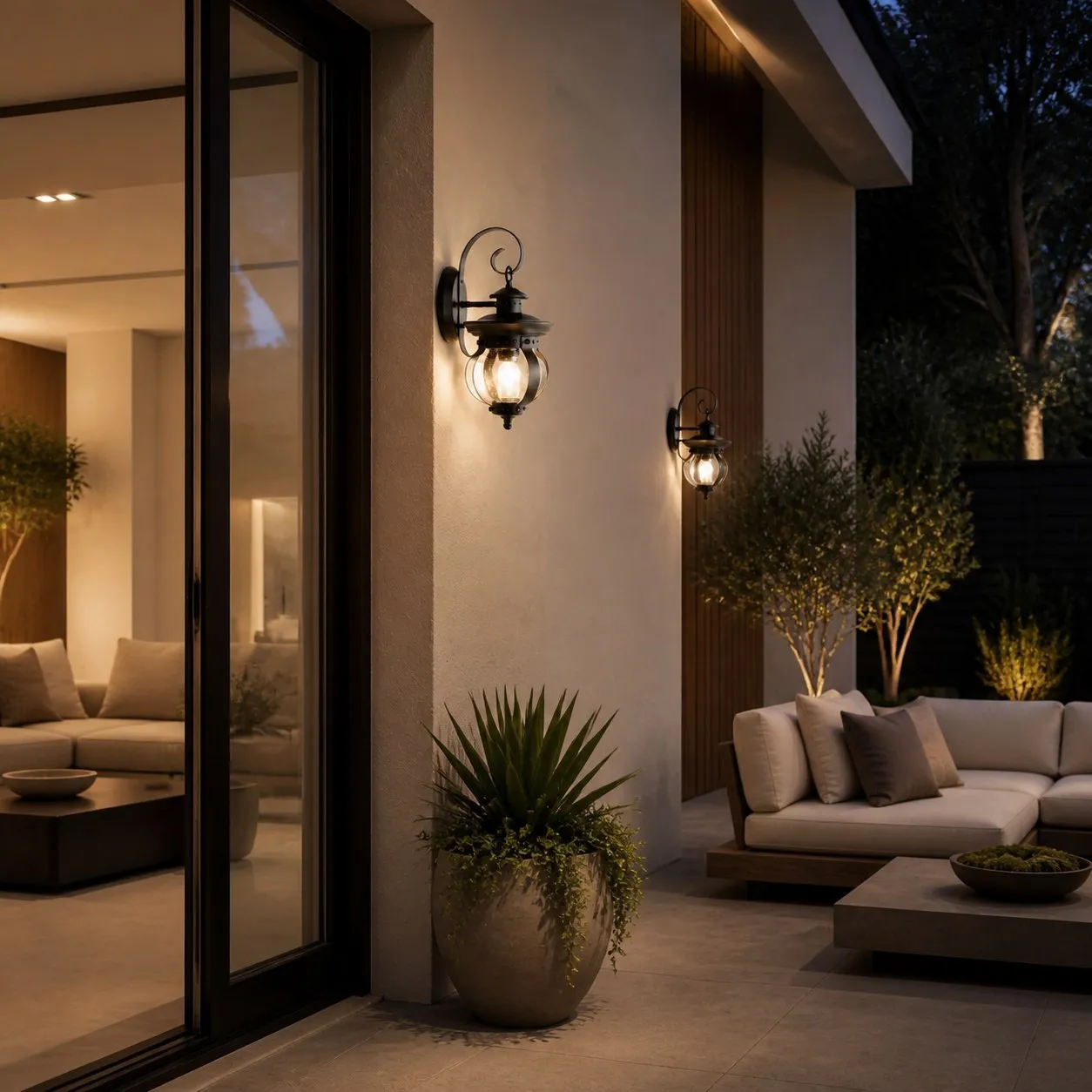 Pair of black wall lanterns beside an exterior doorway
