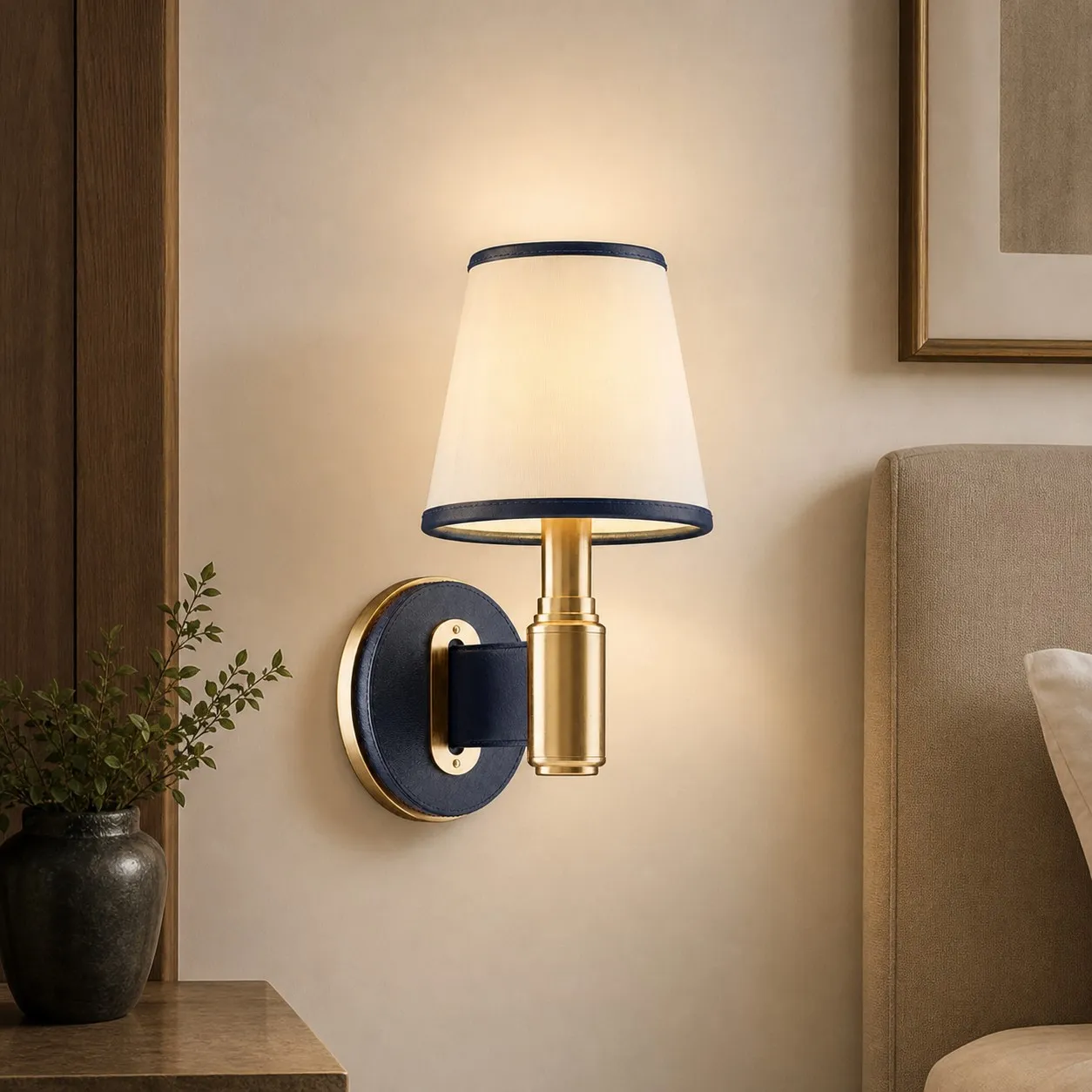 Navy leather wall lamp beside an upholstered bed