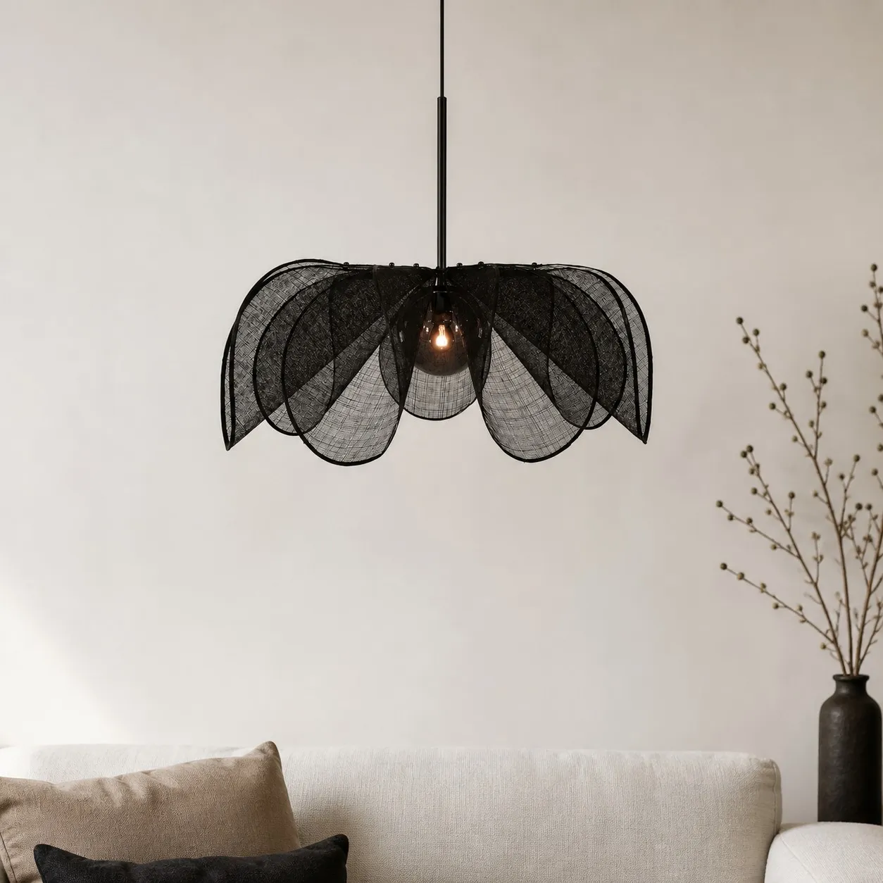 Black pendant light living room scene