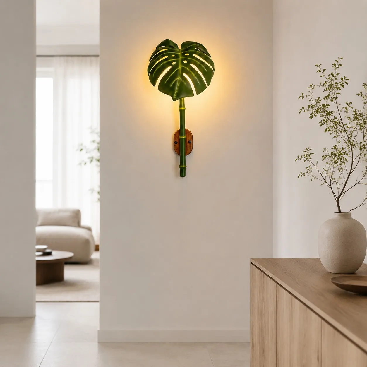Resin leaf sconce in a warm architectural scene