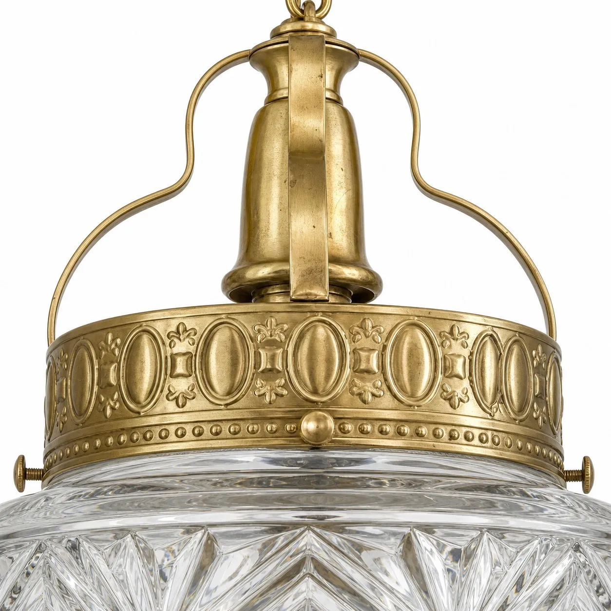 Brass suspension frame and clear glass pendant detail