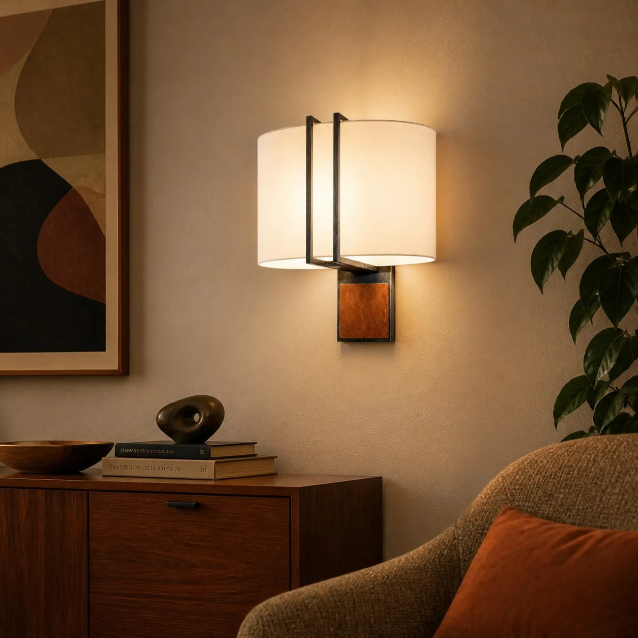 Shade A leather and fabric wall lamp in a warm living room