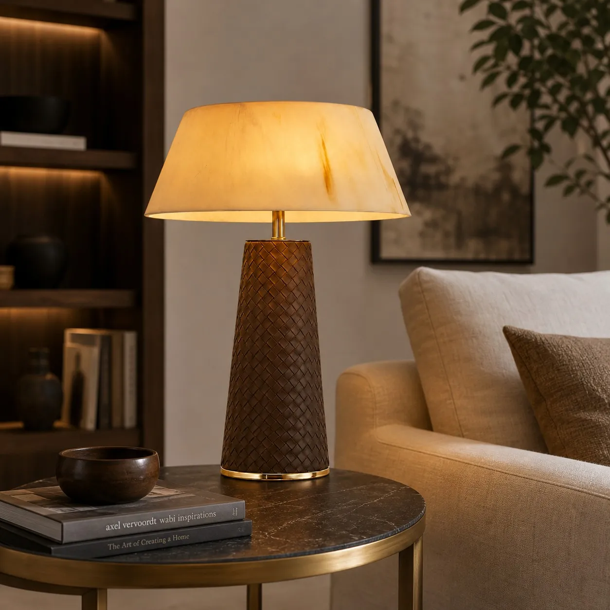 Leather table lamp on a side table in a warm living room