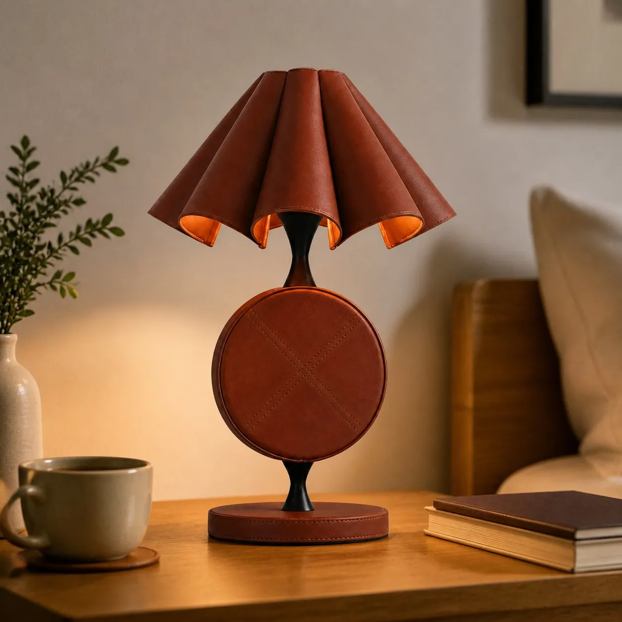 Brown leather table lamp in a bedroom setting