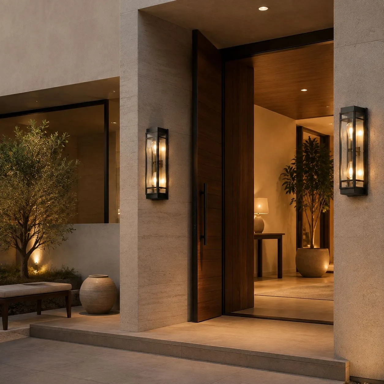 Black glass outdoor wall sconce outdoor installation scene